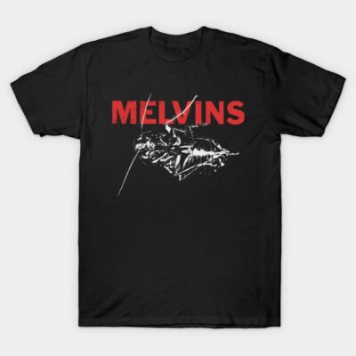 Black t-shirt with "Melvins" in bold red text and graphic insect design, perfect for casual wear and music fans.