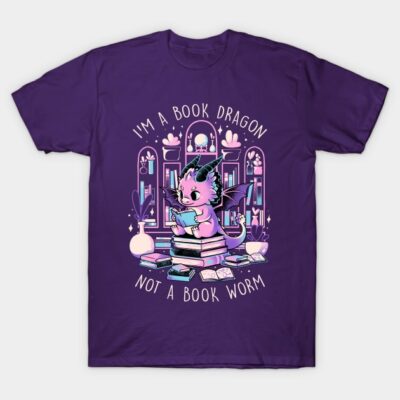 Purple t-shirt with "I'm a Book Dragon" design, featuring a cute dragon reading on a stack of books.