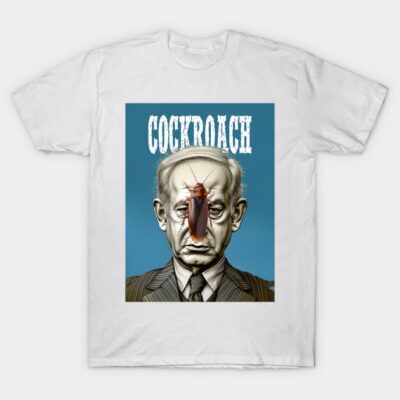 White cotton t-shirt with a cockroach graphic and text. Casual style, suitable for everyday wear.