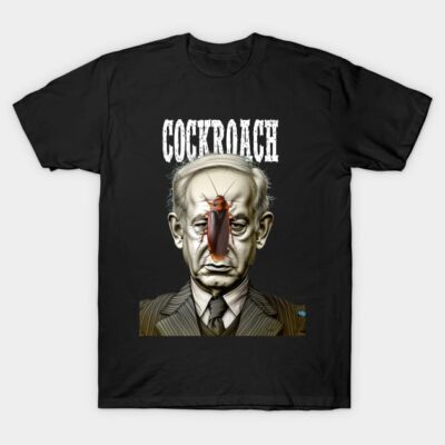 Black graphic t-shirt with cockroach illustration and bold text. Casual wear, cotton material, unique design.