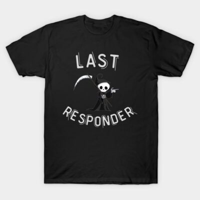 Black "Last Responder" graphic t-shirt featuring a cartoon grim reaper design, casual style, cotton material.