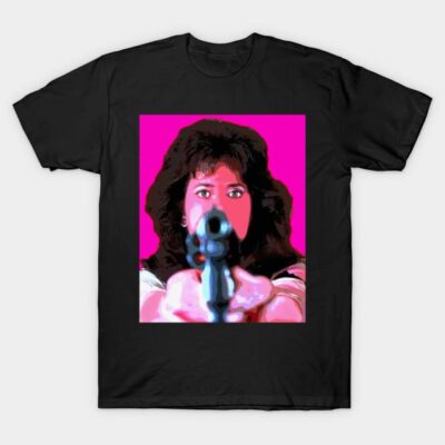 Black graphic T-shirt with vibrant pop art design, featuring bold pink and black color scheme, ideal for casual wear.