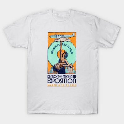 White t-shirt with vintage Detroit and Michigan Exposition 1936 graphic, featuring vibrant orange and blue colors.