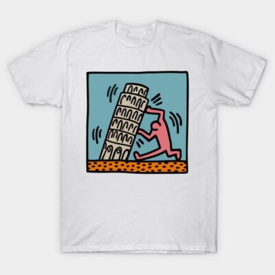 White graphic T-shirt featuring colorful illustration of a figure pushing the Leaning Tower of Pisa. Casual wear. Cotton fabric.