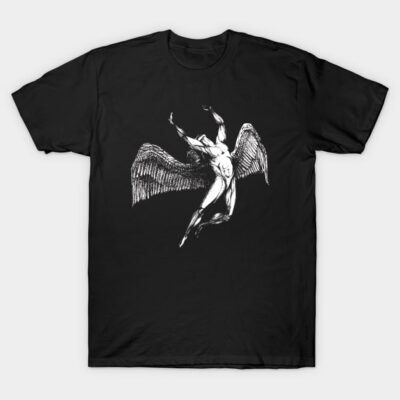 Black t-shirt with white winged figure design, short-sleeve, casual style, cotton material, suitable for everyday wear.