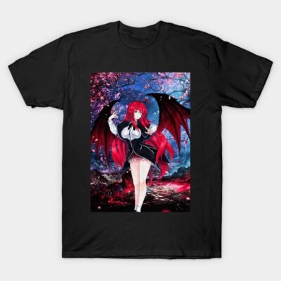 Black t-shirt with red-haired anime character, wing design, and vibrant background. Perfect for casual wear and anime fans.