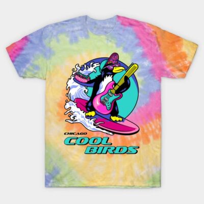 Tie-dye t-shirt with "Cool Birds" graphic, colorful surf and music theme, casual wear, cotton material.