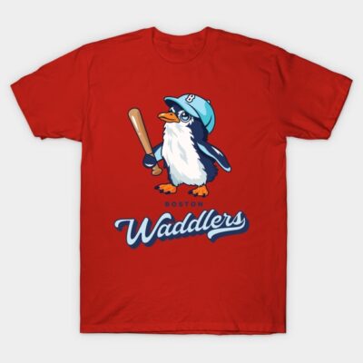 Red cotton t-shirt featuring cartoon penguin in baseball gear, suitable for casual wear.