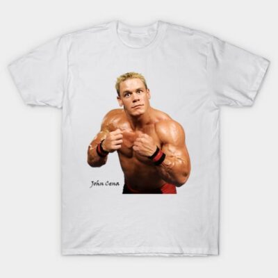 White cotton graphic T-shirt featuring a muscular figure, perfect for casual wear and fans of wrestling.