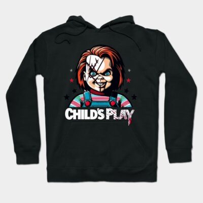 Black hoodie with horror-themed graphic and "Child's Play" text, featuring a colorful character design, cotton material.