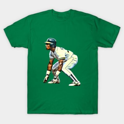 Green t-shirt featuring a baseball player graphic, casual wear, comfortable cotton material, perfect for sports fans.
