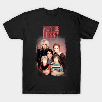 "Black 'Who's the Boss?' graphic tee, featuring retro TV show design, casual cotton shirt for fans and collectors."