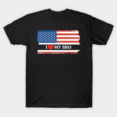 Black t-shirt with distressed American flag and "I Love My SRO" text, casual style, cotton material.