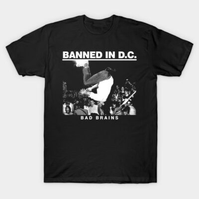 Black "Banned in D.C." Bad Brains graphic t-shirt, cotton, casual wear, unisex, music-themed design.