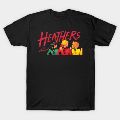 Black "Heathers the Musical" graphic t-shirt, featuring colorful retro design. Ideal for casual wear and fans.