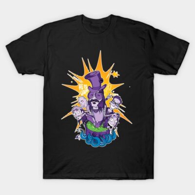 Black graphic t-shirt with colorful abstract design featuring illustrated characters, casual wear, cotton material.