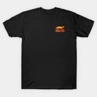 Black cotton t-shirt with orange pixelated dinosaur and "Hodler" text, casual style, ideal for everyday wear.