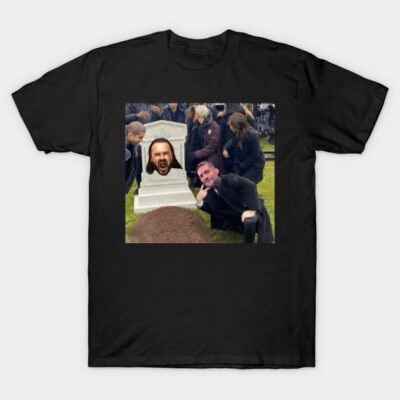 Black cotton t-shirt with humorous graphic design, featuring a playful meme-style illustration for casual wear.