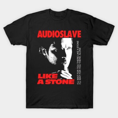 Black Audioslave t-shirt featuring "Like a Stone" design with red text, ideal for music lovers and casual wear.