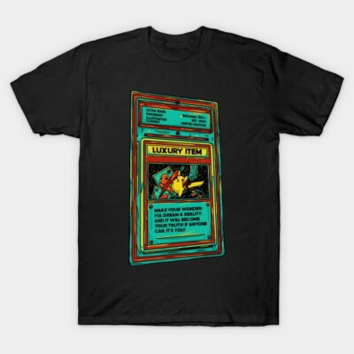 Black graphic t-shirt featuring a colorful, retro-style print, perfect for casual wear and expressing unique style.