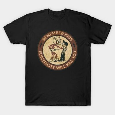 Black retro graphic t-shirt with vintage electricity warning design, ideal for casual wear, cotton material.