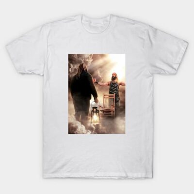 White cotton T-shirt featuring a dramatic graphic design with two figures and a chair, ideal for casual wear.