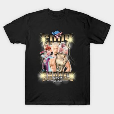 Black graphic t-shirt featuring wrestling theme, vibrant design, casual wear, cotton material, unisex style.