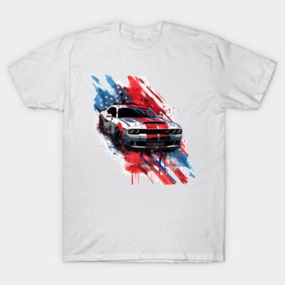 White t-shirt featuring a sports car with American flag design, perfect for casual wear. Cotton material, vibrant print.