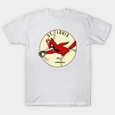 White T-shirt with vintage St. Louis baseball bird print, perfect for casual wear, made from soft cotton fabric.