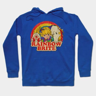 Blue Rainbow Brite hoodie, vintage style, featuring colorful printed graphic, cozy cotton material, ideal for casual wear.