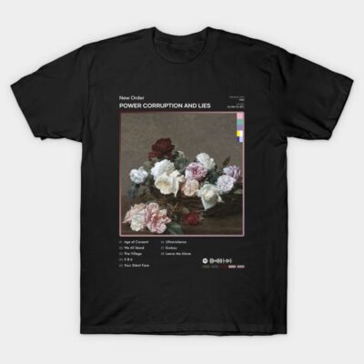 Black graphic t-shirt featuring floral artwork with album details, ideal for casual wear. Made from soft cotton material.