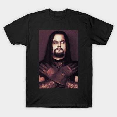 Black gothic t-shirt with striking vampire portrait design, perfect for alternative fashion enthusiasts.