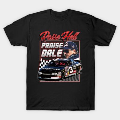 Black racing-themed graphic T-shirt featuring a vintage car and checkered flag design, ideal for motorsport fans.