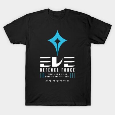 Black t-shirt with blue star and white "DEFENCE FORCE" text, casual wear, cotton material.