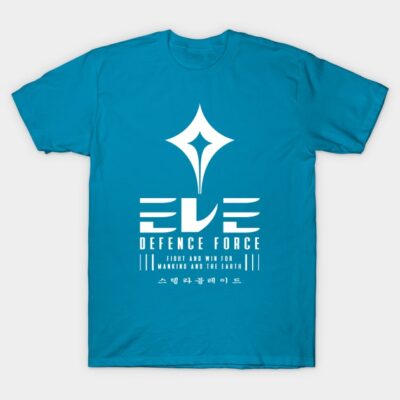 Blue graphic t-shirt with "Defence Force" text, featuring unique design. Ideal for casual wear, cotton material.