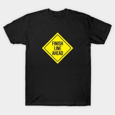 Black t-shirt with yellow "Finish Line Ahead" sign graphic, casual style, cotton material, unisex design.