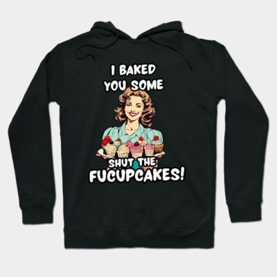 Black hoodie with humorous cupcake graphic and text, ideal for casual wear, soft cotton material, unisex style.