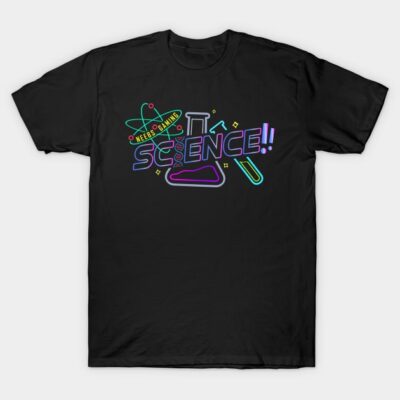 Black science-themed graphic T-shirt with colorful neon lab design, perfect for casual wear and science enthusiasts.