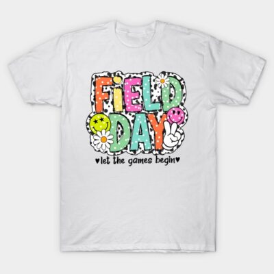 White cotton t-shirt with colorful "Field Day" graphic and playful text, perfect for casual wear or sports events.