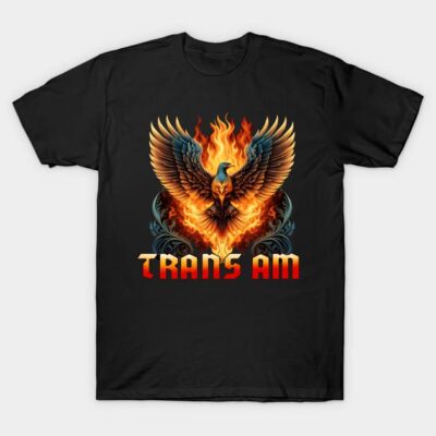 Black Trans Am T-shirt with fiery eagle design, casual style, cotton material, ideal for car enthusiasts.