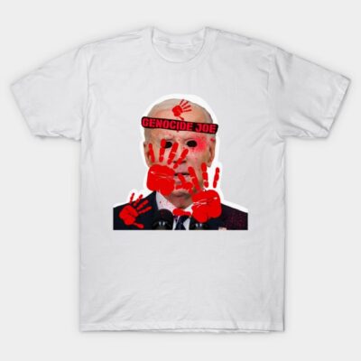 White t-shirt with bold graphic design featuring red handprints and text, casual wear, cotton material.