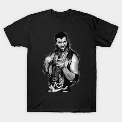 Black graphic T-shirt featuring vintage wrestler design, cotton material, casual wear, unisex style.