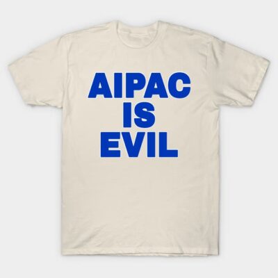 White cotton t-shirt with bold blue text, casual style, suitable for everyday wear.