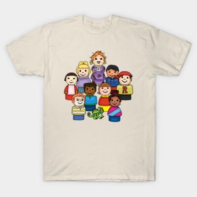 Beige T-shirt with colorful cartoon characters print, casual style, soft cotton material, ideal for everyday wear.