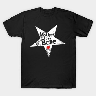 Black t-shirt with star and text design, featuring a rock band theme. Casual wear, cotton material, unisex style.