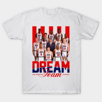 White "Dream Team" graphic t-shirt featuring 1992 basketball team photo, ideal for sports fans and casual wear.