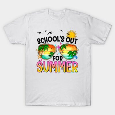 White t-shirt with "School's Out for Summer" graphic, featuring colorful sunglasses and tropical theme. Perfect for casual wear.