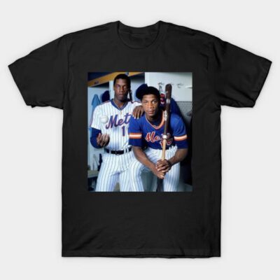 Black t-shirt featuring vintage baseball players design, Mets uniform, casual style, perfect for sports fans.