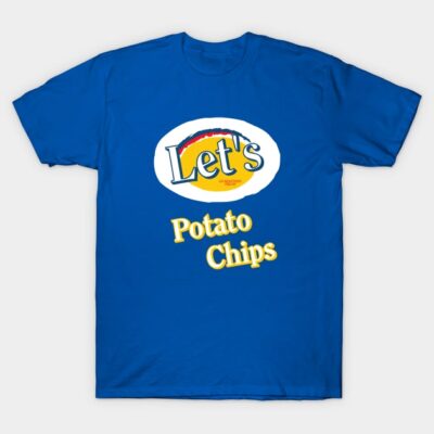 Blue T-shirt with "Let's Potato Chips" graphic design, casual style, cotton material, unisex.