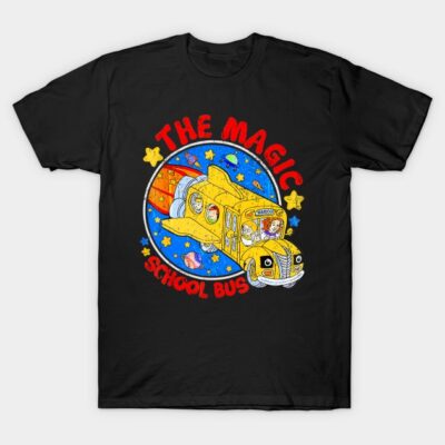 Black t-shirt with colorful school bus and space-themed design, featuring "The Magic School Bus" text. Fun and educational.